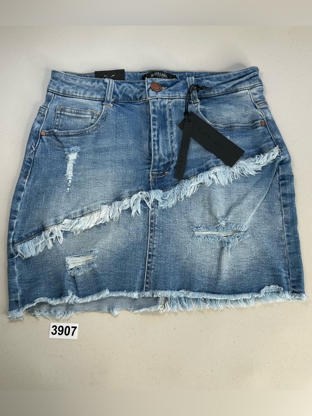 Black Label C'est Toi Womens Distressed Denim Mini Skirt Light Wash Frayed Hem M